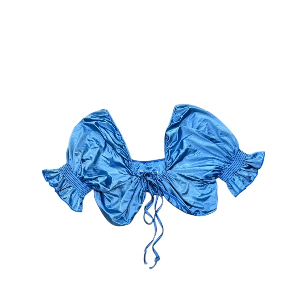 FRANKIE’S BIKINIS x Naomi Osaka Blue Carly Ruffle Tie Front Bikini Swim Top